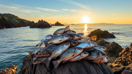 Fishes on a rock in the sea at sunset.の素材