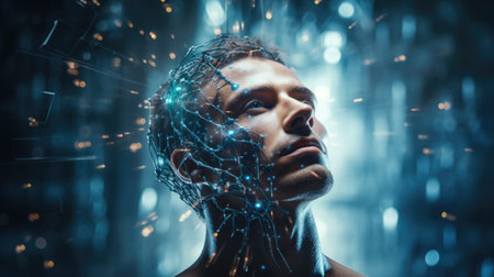 Portrait of a young man with glowing brain on a dark backgroundの素材