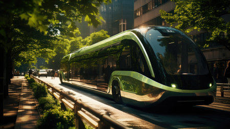 Modern tram in the city at night. Urban transport conceptの素材