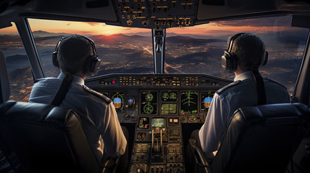 Cockpit of airplane at sunset.の素材