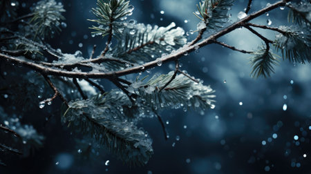 Frozen pine tree branch with snow and ice crystals on dark backgroundの素材