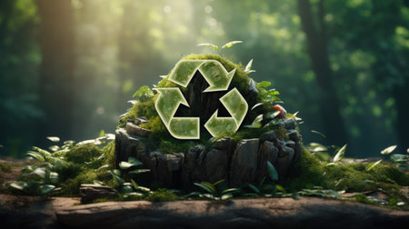 Recycling symbol on green moss in forest.の素材