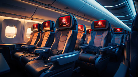 Airplane interior with seats and LED lights. Interior of an airplane.の素材