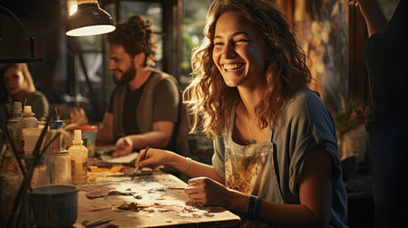 Portrait of a young woman painting with her friends in the backgroundの素材