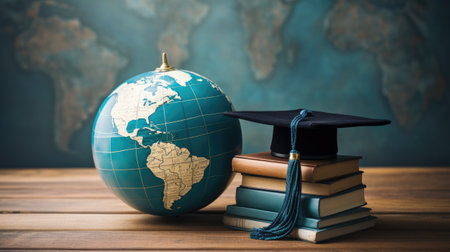 Graduation hat, globe and books on wooden table. Education conceptの素材