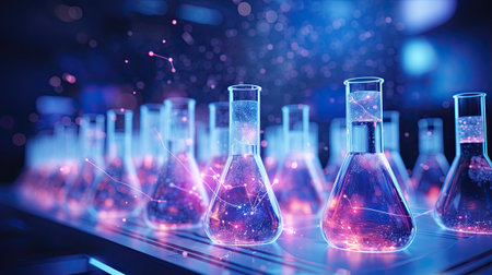 Laboratory glassware with glowing chemical elements. Science and chemistry concept.の素材