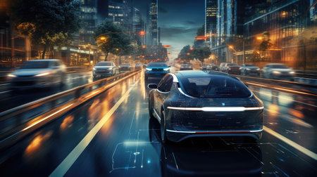 car on the road with motion blur and cityscape backgroundの素材