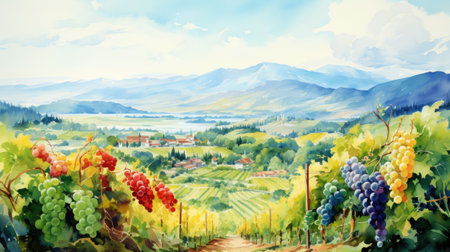 Vineyard landscape with mountains, hills and vineyards.の素材
