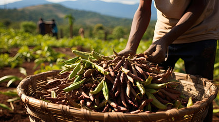 Harvesting of beans in a basket on a farmの素材