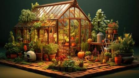 A greenhouse with plants and flowers in the gardenの素材