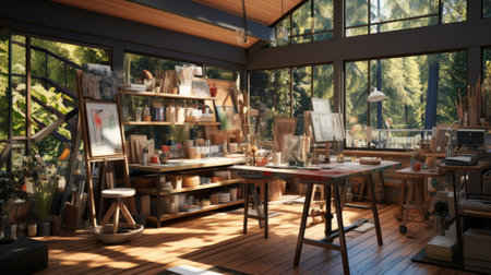 A modern art studio with a beautiful view.の素材