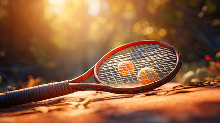 Tennis racket and balls on a tennis court in the sunlight.の素材