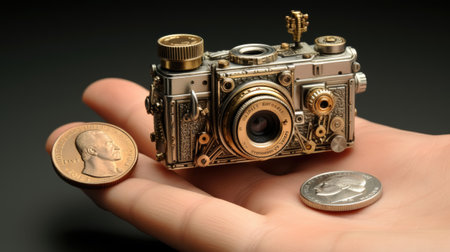Old camera with coins on a black background, close-up.の素材