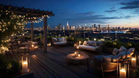 A rooftop terrace with a view of the City skylineの素材