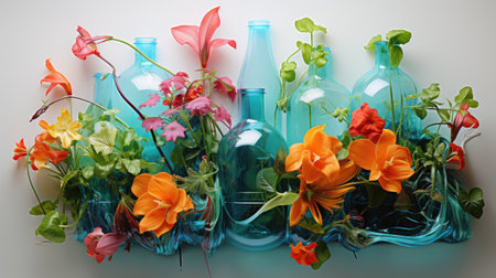 Colorful bouquet of flowers in blue glass vases on white backgroundの素材