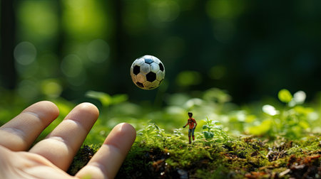 Miniature people : Soccer player kicking the ball in the forest.の素材