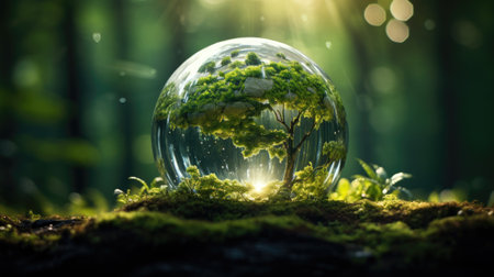 Glass globe with green forest and bokeh. Ecology concept.の素材