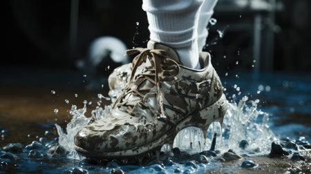Close-up of a man's feet in boots splashing waterの素材