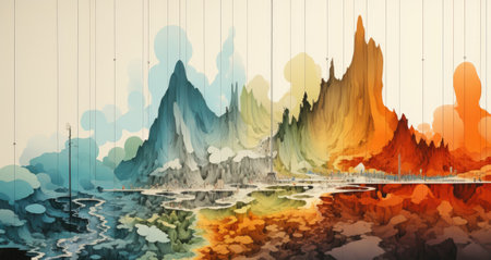 Abstract landscape with mountains and water.の素材