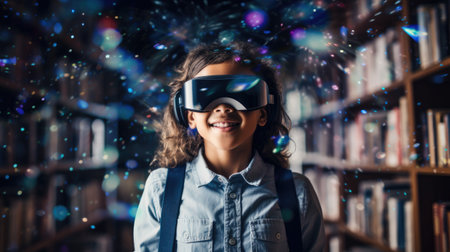 Portrait of happy schoolgirl wearing virtual reality glasses while standing in libraryの素材