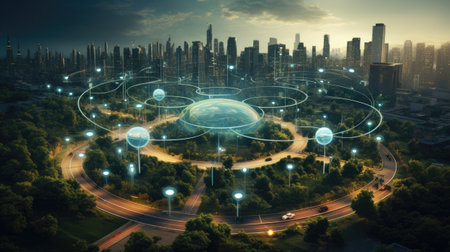 Smart city and wireless communication network over the city at nightの素材