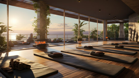 Yoga room with sea view at sunset.の素材