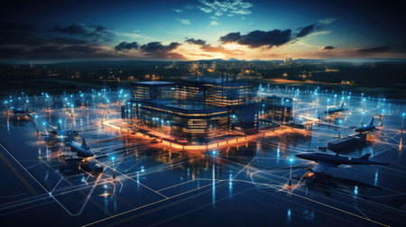 A modern city at night with a hologram of an airplane.の素材