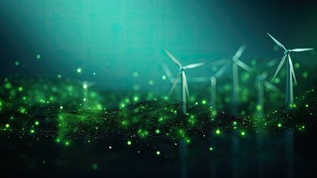 Wind turbines in green energy concept on dark backgroundの素材