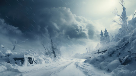 Winter landscape with snow covered trees, road and falling snowflakesの素材