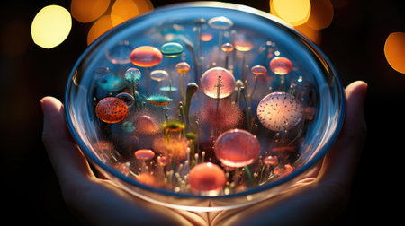 Colorful bubbles in a glass bowl in the hands of a girlの素材