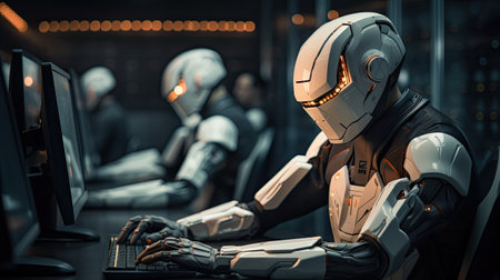 A female robot working in a dark office spaceの素材