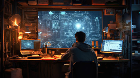 Back view of man working on computer in dark office at night.の素材