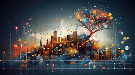 Modern cityscape with skyscrapers, buildings and trees. Ecology conceptの素材