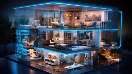 A modern house with a glass facade and glowing lightsの素材