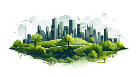 Green city with buildings, trees and wind turbines.の素材