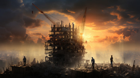Conceptual image of construction site with cranes and workers.の素材