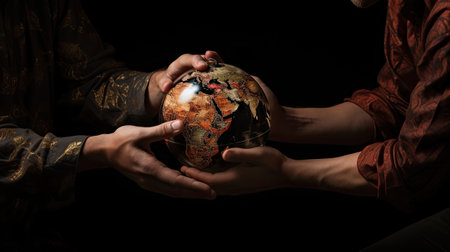 Close-up of human hands holding a globe with the image of the planet Earthの素材
