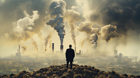 Businessman standing on top of hill and looking at factoryの素材