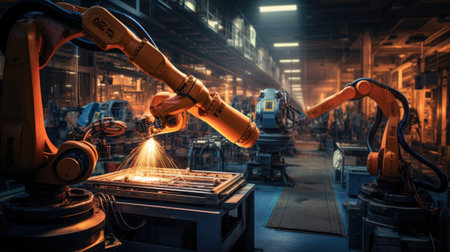Mechanized industry robot arm and human hand working in factory.の素材