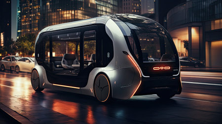 Modern electric bus on the city street at night.の素材