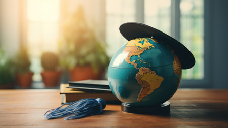 Globe and hat on wooden table with blur background, education conceptの素材