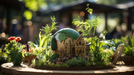 Miniature house with a globe on a wooden table in the gardenの素材