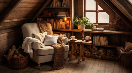 Interior of cozy living room with armchair and bookshelvesの素材