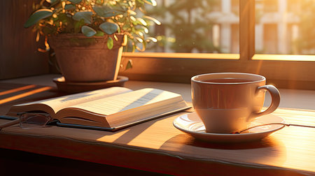 Cup of coffee and book on the wooden table in sunlight.の素材