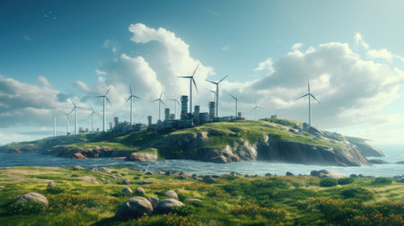 Wind turbines on a green island in the ocean.の素材