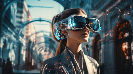 Fashionable young woman wearing virtual reality goggles.の素材