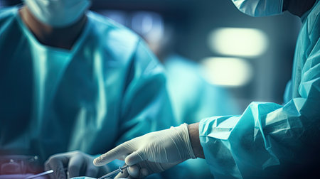 Surgeons in operating room at hospital. Group of surgeons in operating room with surgery equipment. Medical backgroundの素材