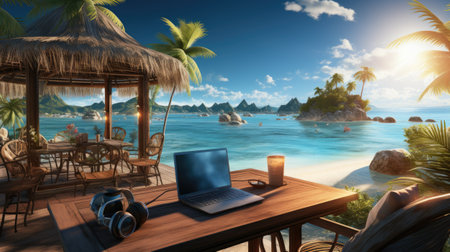 Tropical beach with palm trees and laptop on table.の素材