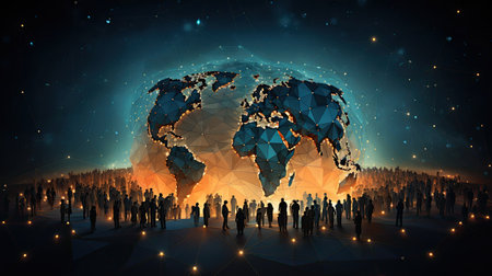 Global business network concept with globe and people silhouettesの素材