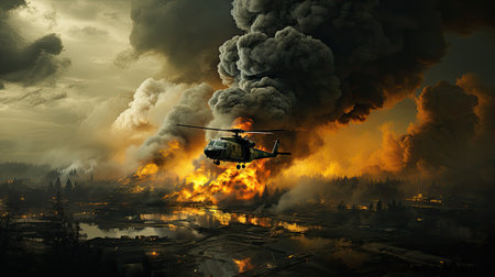 Military helicopter in the fire. Disaster concept.の素材